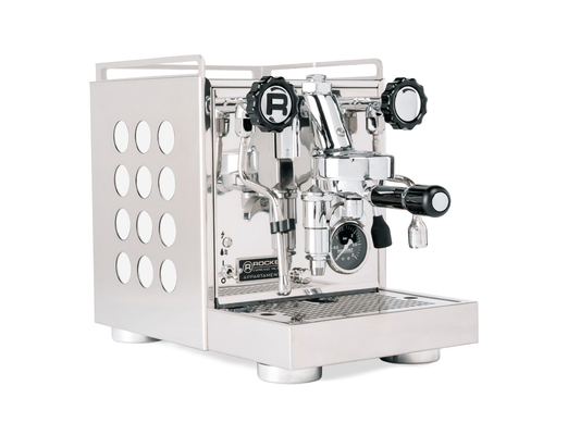 Rocket Espresso Appartamento Steel and Copper semi-automatic espresso machine with polished stainless steel body, copper accent panels, black knobs, pressure gauge, portafilter, manual steam wand, and countertop drip tray